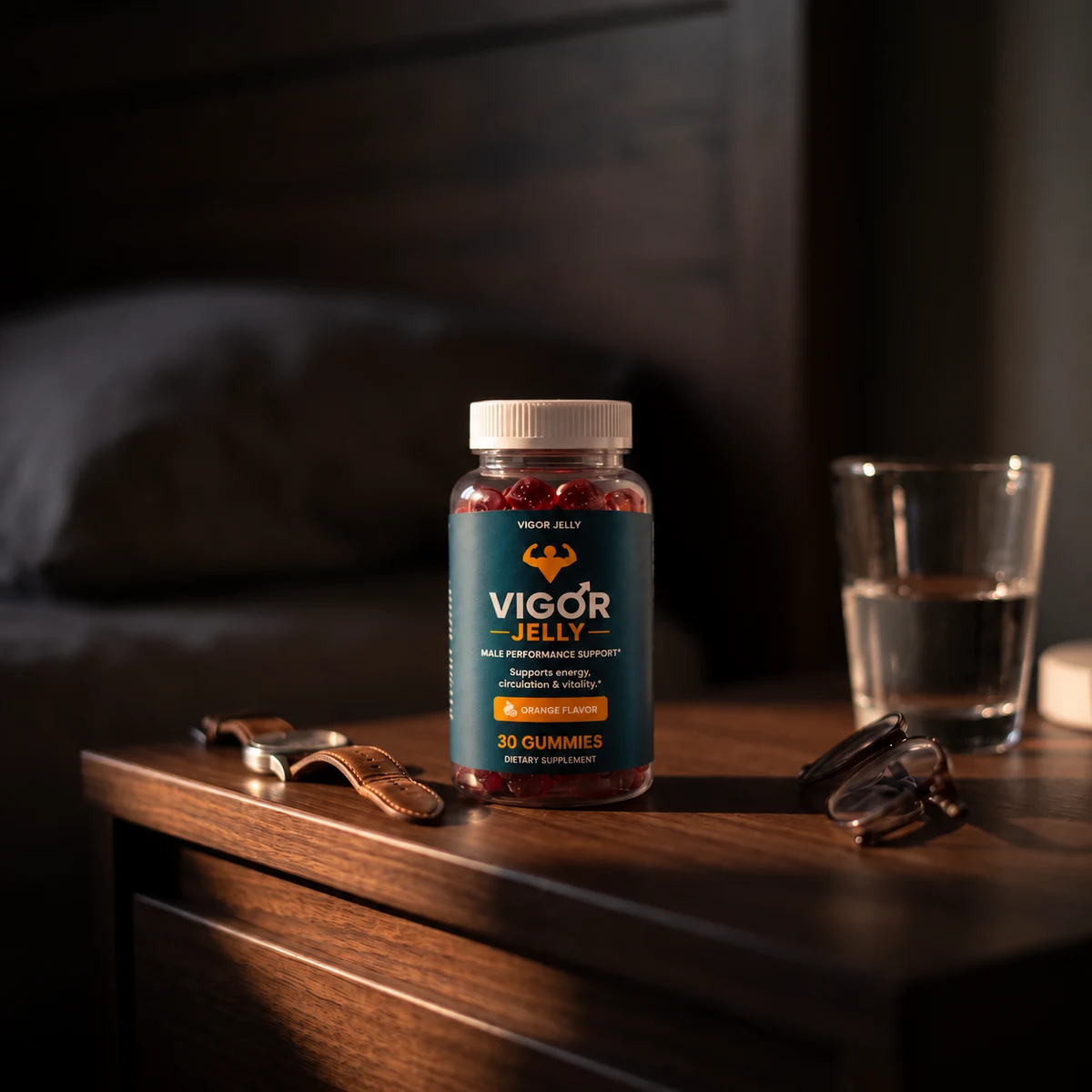 A jar of Vigor Jelly&reg; on a nightstand at dawn